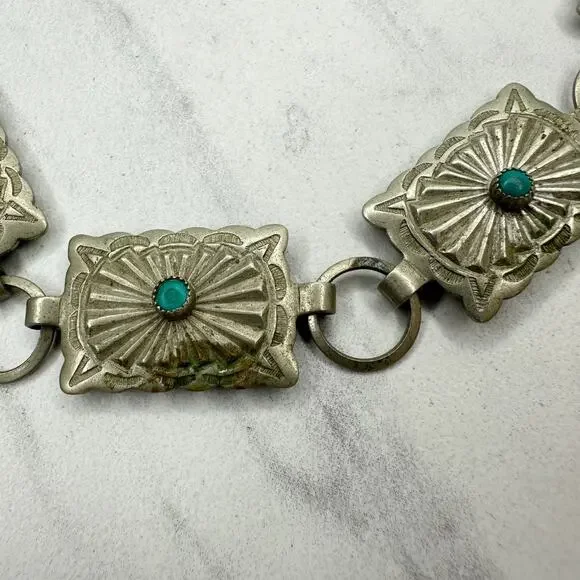 Vintage Faux Turquoise Stamped Concho Chain Belt Silver Tone XS/Small (XS/S) ✨ - Picture 14 of 14